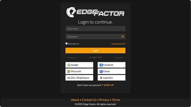 Edge Factor Login Screen