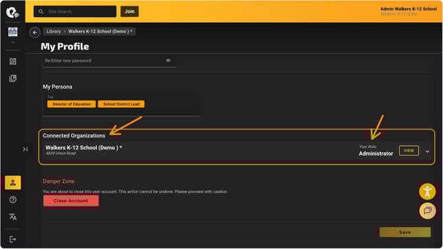 my profile - connected org and role